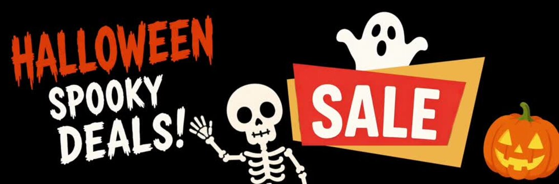 Halloween Spooky Sale Deals Animation with Skeleton, Ghost, Pumpkin and Sale Sign on Black Background, Holiday Promotion Motion Graphic