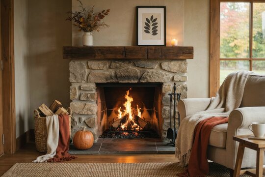 Cozy Living Room with a Burning Fireplace, Autumn Pumpkin, Logs, and a Warm Blanket on an Armchair, Fall Season Home Decor