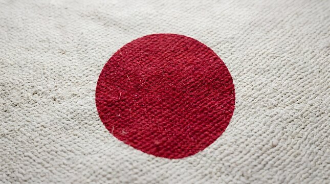 Close up of the japanese flag with a vibrant red sun on white background