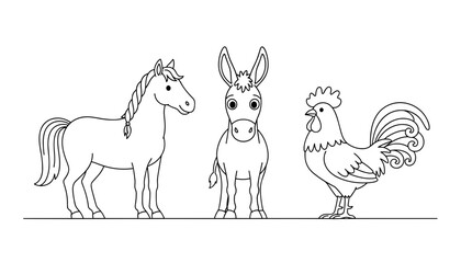 Naklejka premium Line art cartoon farm animals featuring horse donkey and rooster