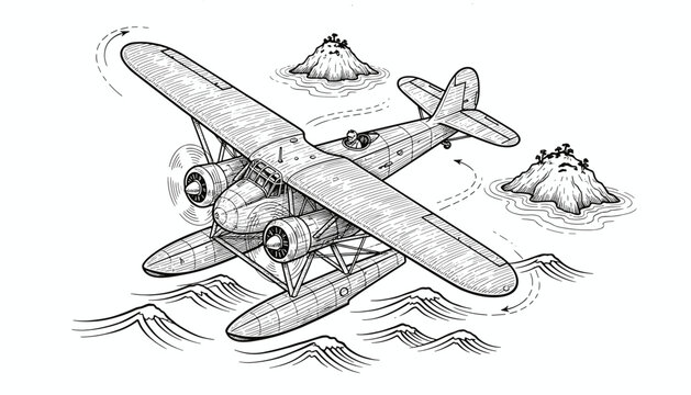 Vintage engraving of twin engine seaplane flying over ocean waves and islands
