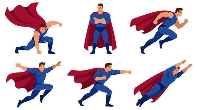 Male Superhero Character Vector Set in Blue Costume and Red Cape Showcasing Powerful Poses Flying Running Punching and Landing Actions