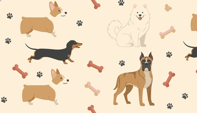 Seamless pattern of different dog breeds with bones and paw prints