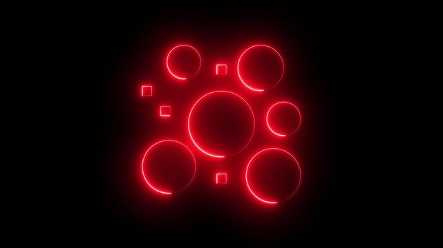 Red neon glowing circles and squares abstract motion background, on black