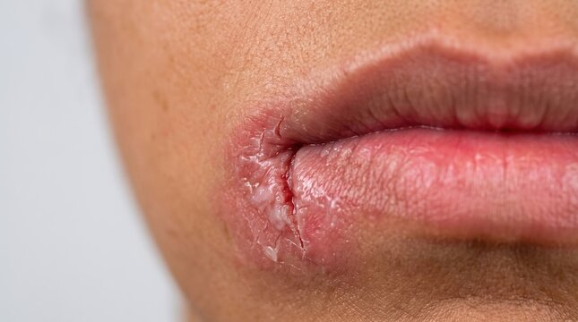 Macro close up of severely dry, chapped and peeling lips on human face, winter skin dehydration and lip care concept