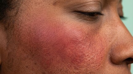 Fototapeta premium Close up of dark skin with severe facial redness, rosacea, lupus malar rash or allergic reaction on cheek