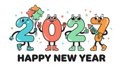 Fototapeta premium Cartoon 2027 characters celebrating with balloons and fireworks for New Year.