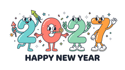 Naklejka premium Cartoon 2027 Happy New Year Characters Celebration 1.