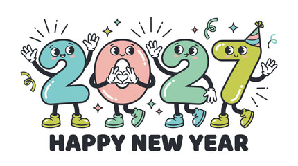 Fototapeta premium Cartoon 2027 New Year Celebration Characters.