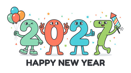 Fototapeta premium Cartoon 2027 Happy New Year Numbers Characters Celebrating.