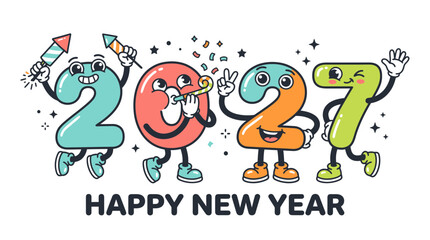 Naklejka premium Cartoon character numbers representing the year 2027 celebrating a happy new year 1.