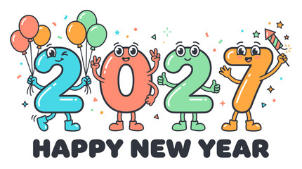 Fototapeta premium Cartoon characters representing the year 2027 celebrating Happy New Year 1.