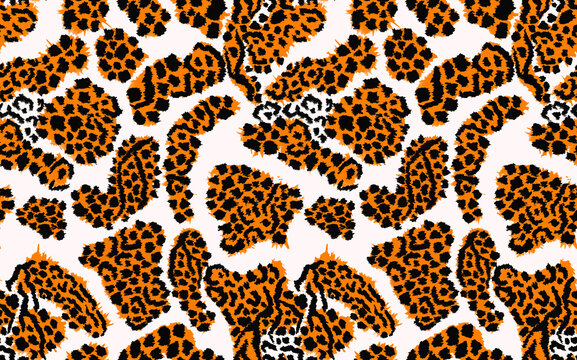 Seamless abstract leopard pattern with vibrant orange and black animal print spots on white background.