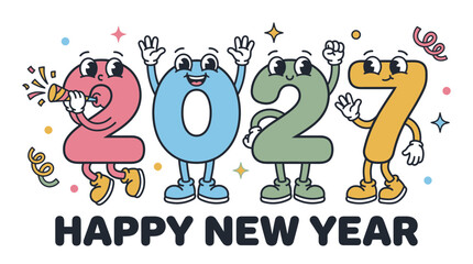 Fototapeta premium Cartoon Happy New Year 2027 Illustration with Personified Numbers.