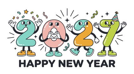 Obraz premium Cartoon Happy New Year 2027 character illustration.
