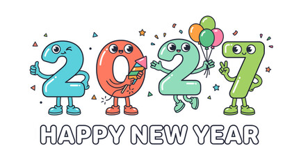 Fototapeta premium Cute cartoon characters representing the year 2027 celebrating happy new year 6.