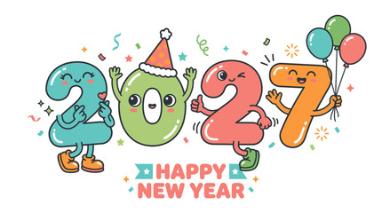 Fototapeta premium Cute cartoon characters representing the year 2027 celebrating happy new year.