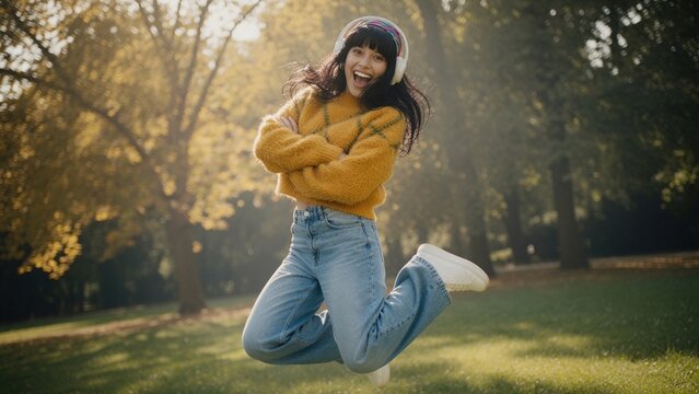 Happy young woman jumping with crossed arms in autumn park