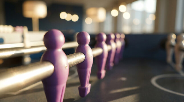 Row of purple foosball players on metal rod, close-up, soft bokeh background, concept for leisure, office games and team building activities