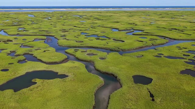 A myriad of channels meander through an extensive salt marsh on the scenic coast of Cape Cod, MA. Marshes provide critical habitat for many birds, fish, and invertebrates to feed, mate, and nest.