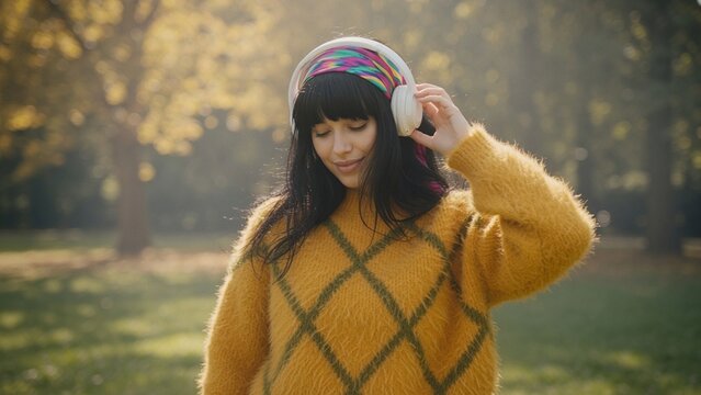 Young woman with eyes closed adjusting headphones in soft light