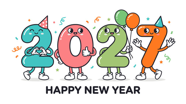 Cute cartoon characters representing the year 2027 for a Happy New Year celebration 2.
