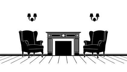 Fototapeta premium Elegant living room interior silhouette with classic fireplace two armchairs and wall sconces