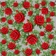 Fototapeta premium Untitled design - 1Red Rose Floral Seamless Pattern on Light Gray Background