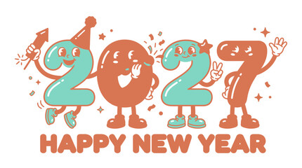 Fototapeta premium Retro cartoon character numbers 2027 celebrating Happy New Year.