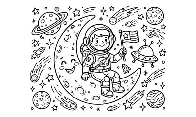 Cute astronaut sitting on smiling moon outer space coloring page illustration © BD RINA