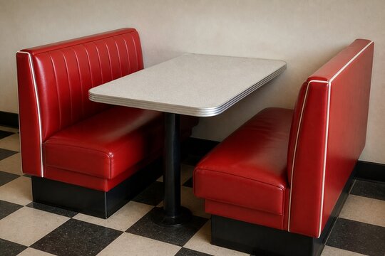 Classic red diner booth with table and checkered floor