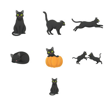Collection of playful black cats in various poses with green eyes isolated on transparent background