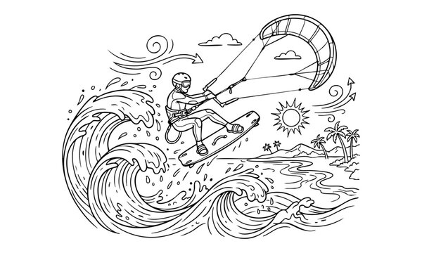 Kitesurfer jumping over large ocean wave near tropical beach shoreline