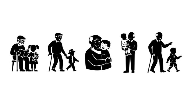 Generations Together: Grandparents and Children, Family Bonding, Diverse Ages, Black and White Vector Icons