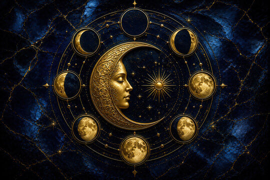 Golden crescent moon with lunar phases and celestial symbols on dark blue cosmic background