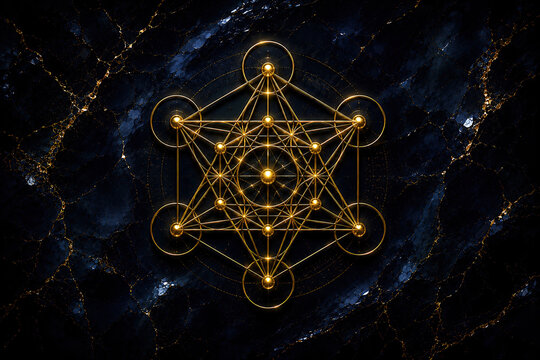 Golden Metatron's Cube sacred geometry symbol on dark cosmic marble background