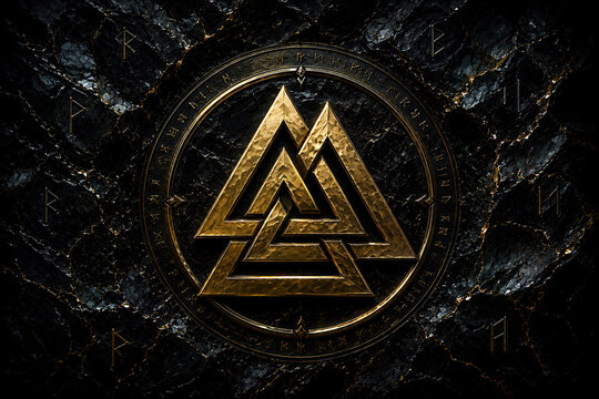 Golden Valknut Norse symbol on dark cracked stone background