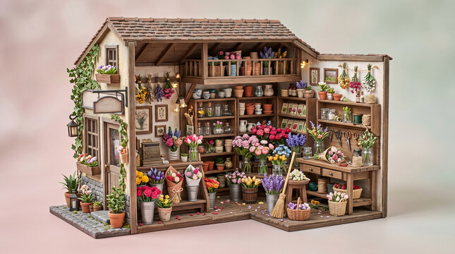 Handcrafted miniature flower shop diorama with tiny potted plants and vintage decor in detailed display case