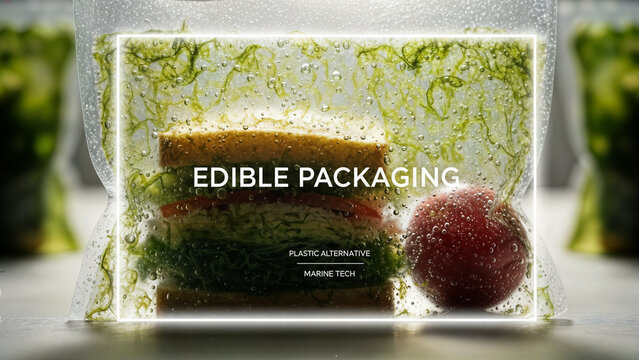 Edible packaging for sandwich made of green seaweed marine tech plastic alternative inside clear biodegradable bag for sustainable food storage and eco solutions.