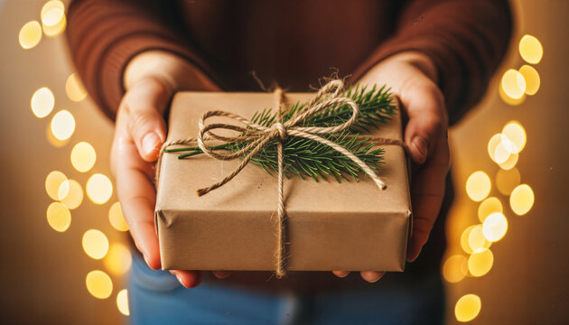 Person holding square cardboard box wrapped in rustic brown paper with twine bow and green fir sprigs for festive winter holiday gift giving surprise concept.