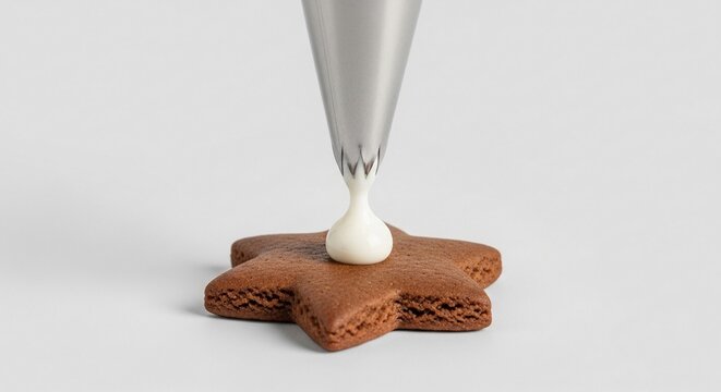 Detailed Close-Up of a Stainless Steel Icing Tip Piping White Frosting onto a Star-Shaped Gingerbread Cookie