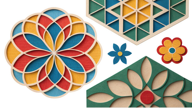 A collection of colorful laser-cut wooden layered geometric art pieces featuring floral mandalas and intricate tessellated patterns on a solid black studio background display.