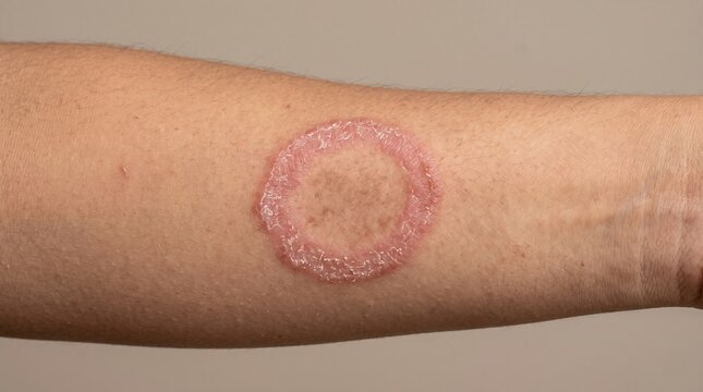 Circular red rash of ringworm tinea corporis or lyme disease erythema migrans on human arm skin.