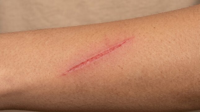 Fresh bleeding cut, laceration or straight scratch wound on human arm skin, injury and trauma concept.