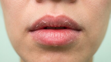 Fototapeta premium Close up of severely dry, chapped and peeling lips of a woman, dehydration and winter skincare concept.