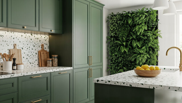 Modern green kitchen interior with terrazzo countertop wooden cutting boards and lush vertical wall garden for stylish home cooking and plant lover lifestyle.