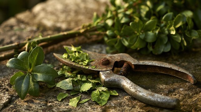 Garden shears with fresh leaf fragments and cut privet branches, soft daylight still life of pruning activity