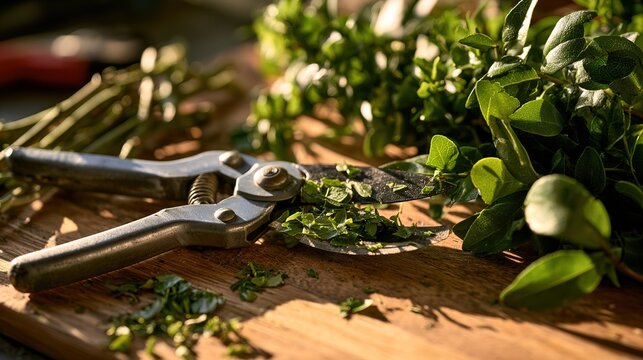 Pruning tools and privet branches still life, leaf fragments on blades, soft daylight gardening moment