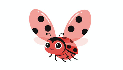 Fototapeta premium Cute cartoon ladybug character with open pink wings and big friendly eyes flying happily over a white background.