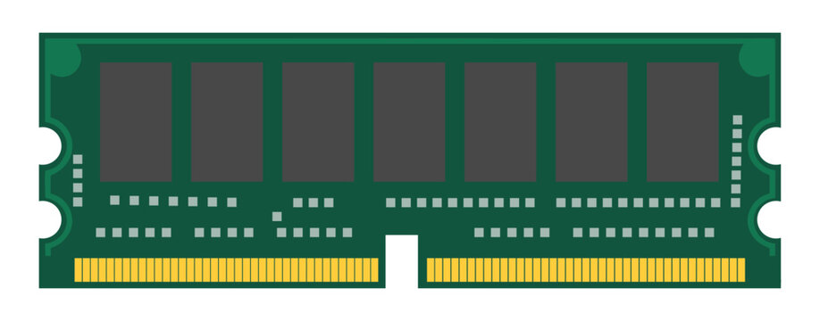 Computer Memory Module: A close-up illustration of a green computer random access memory (RAM) module with golden connector pins, representing data storage and processing power.